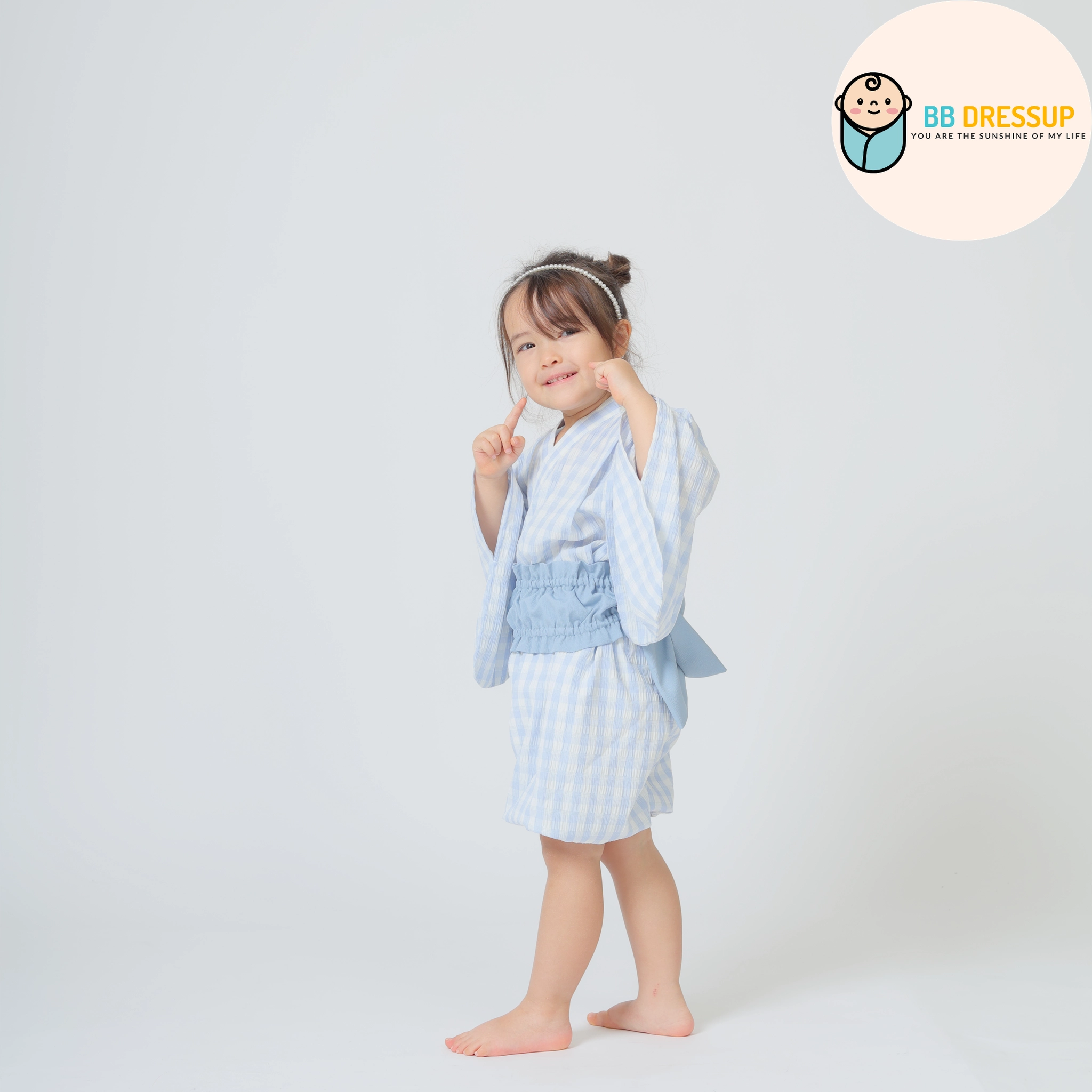 [現貨] 日本直送 Aenak 嬰兒粉藍格仔日本和服浴衣連腰帶套裝 (90-120cm) - BB Dressup
