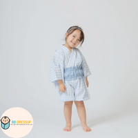 [現貨] 日本直送 Aenak 嬰兒粉藍格仔日本和服浴衣連腰帶套裝 (90-120cm) - BB Dressup