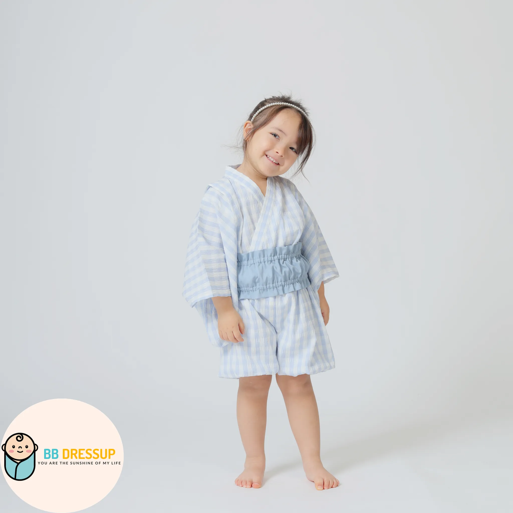 [現貨] 日本直送 Aenak 嬰兒粉藍格仔日本和服浴衣連腰帶套裝 (90-120cm) - BB Dressup