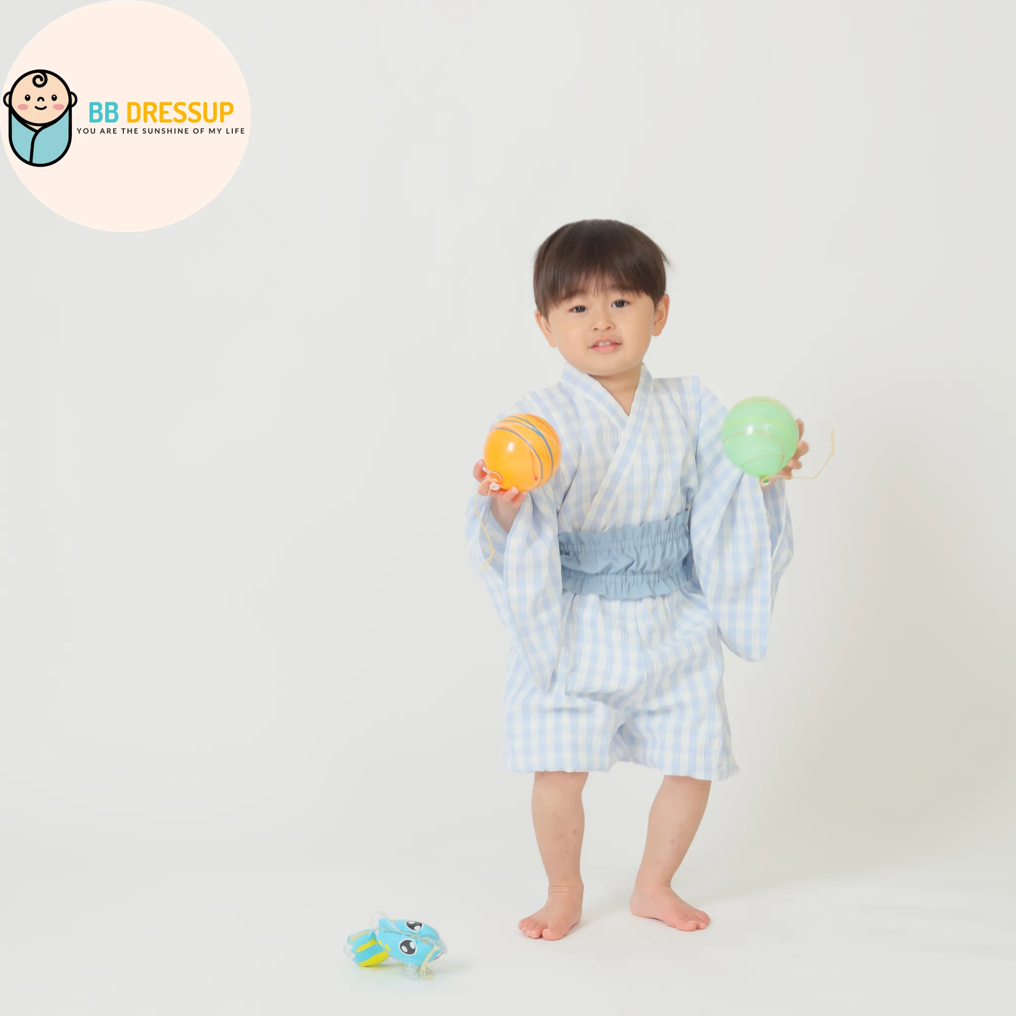 [現貨] 日本直送 Aenak 嬰兒粉藍格仔日本和服浴衣連腰帶套裝 (90-120cm) - BB Dressup