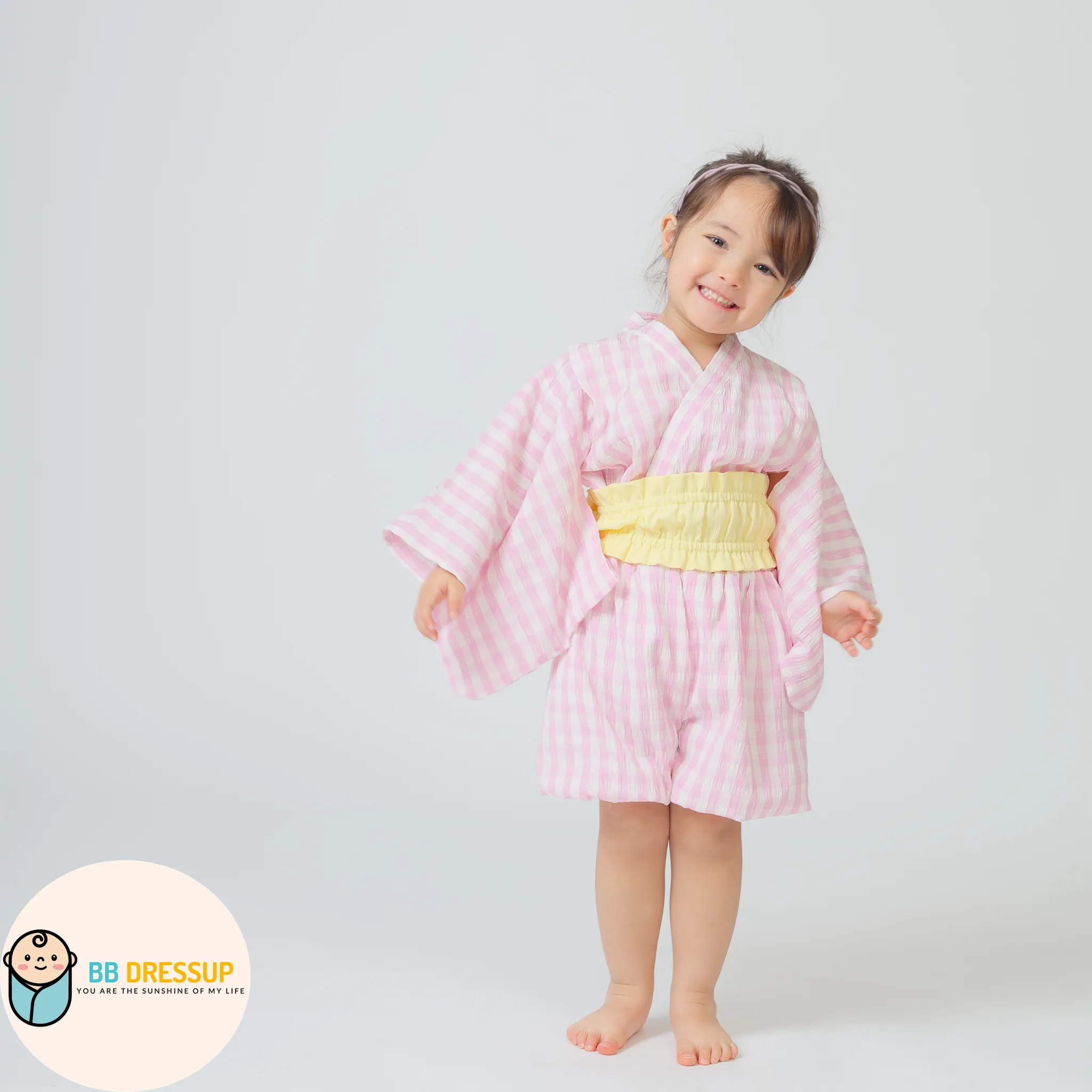 [現貨] 日本直送 Aenak 嬰兒粉紅格仔日本和服浴衣連腰帶套裝 (90-120cm) - BB Dressup