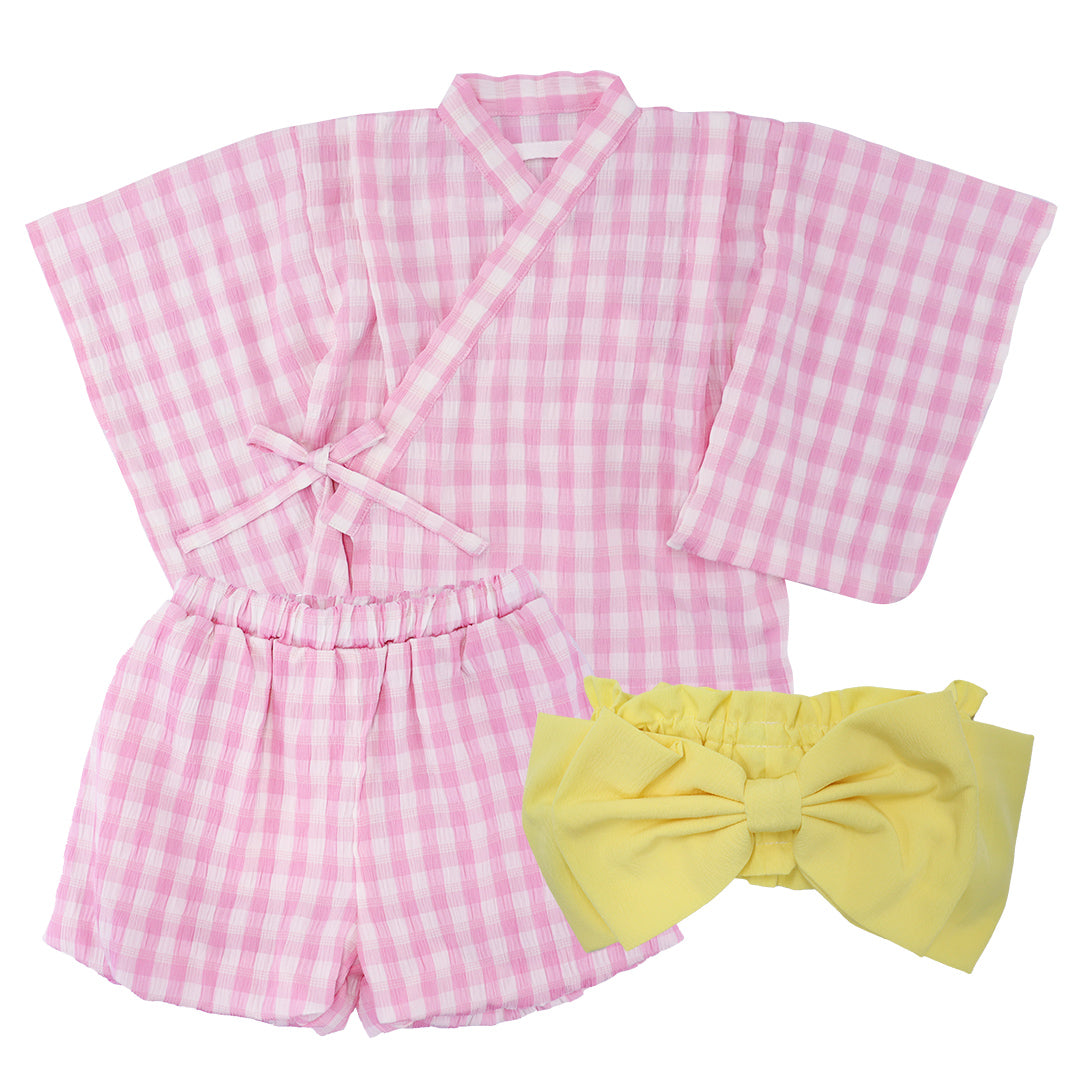 [現貨] 日本直送 Aenak 嬰兒粉紅格仔日本和服浴衣連腰帶套裝 (90-120cm) - BB Dressup