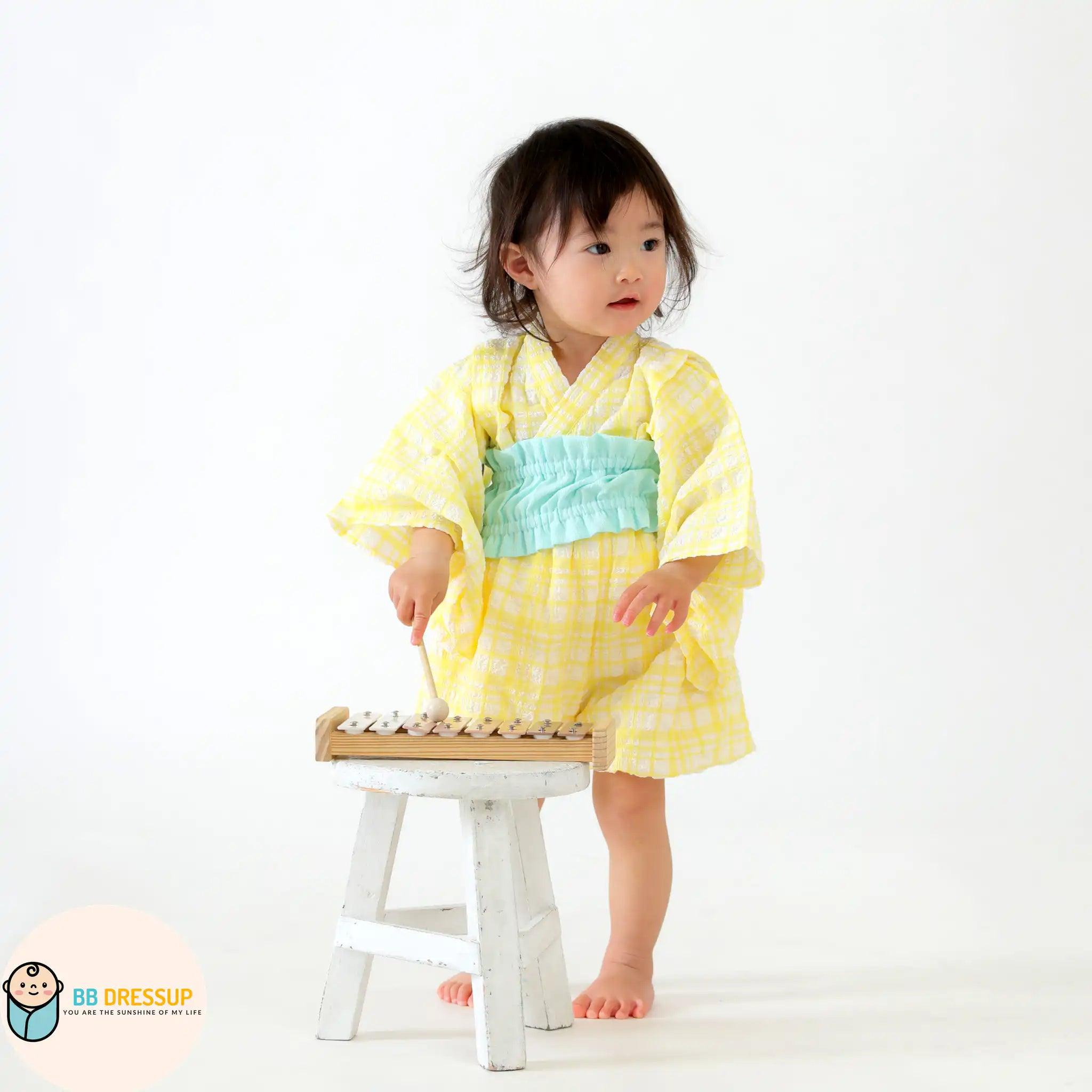 [現貨] 日本直送 Aenak 男女童黃色格紋和服浴衣連腰帶套裝 - BB Dressup
