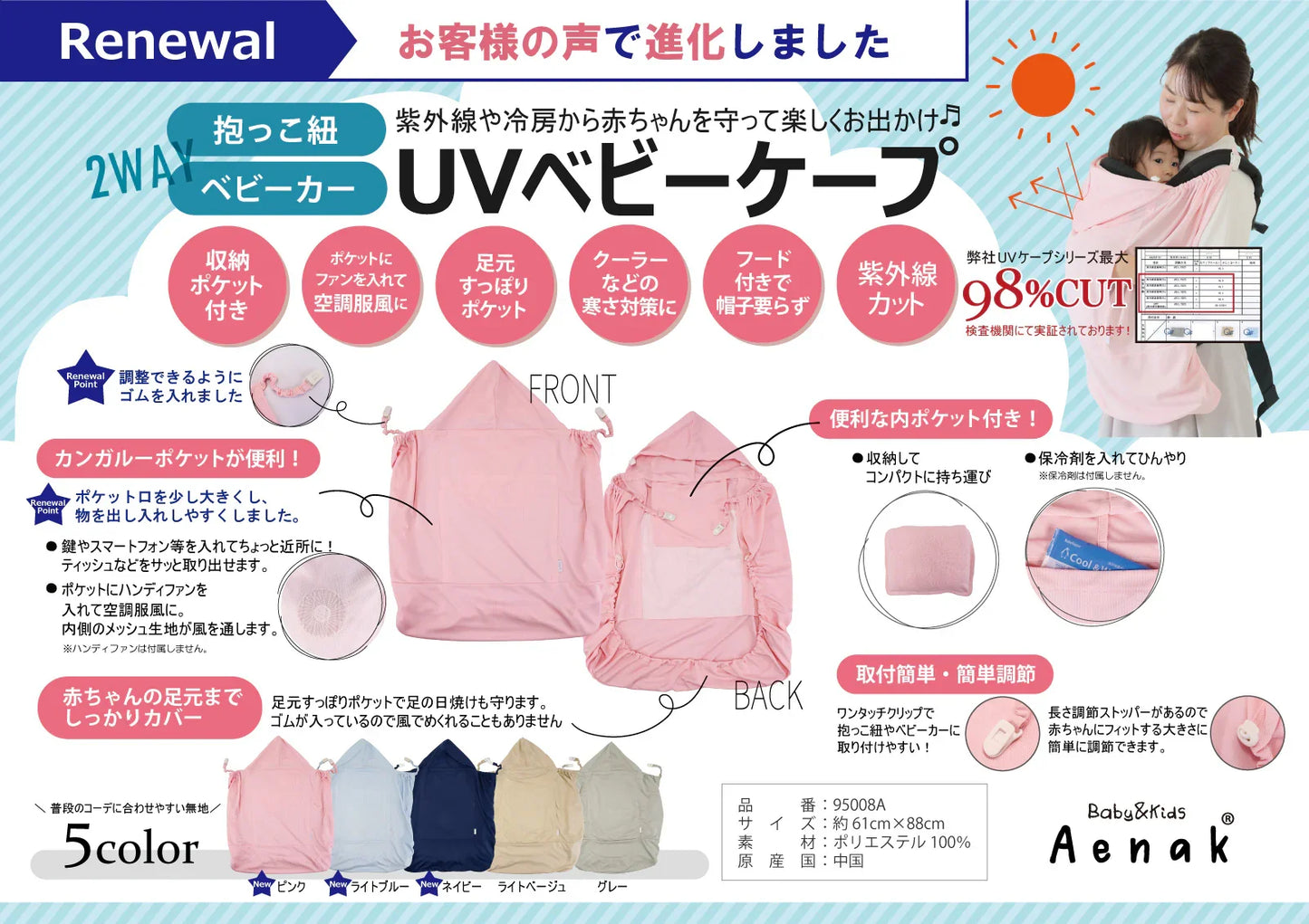 具備防UV與禦寒兩用功能之嬰兒斗篷。