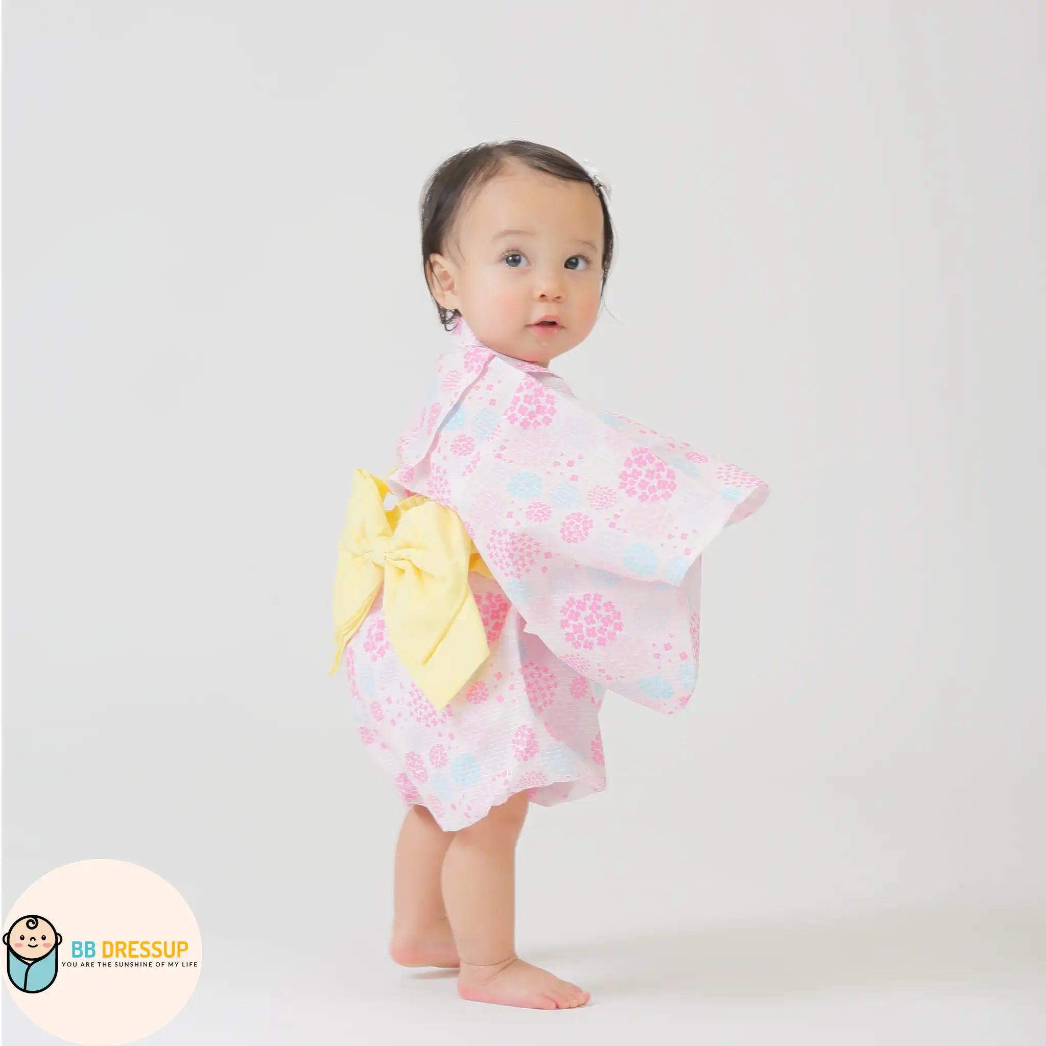 [現貨] 日本直送 Aenak 嬰兒粉紅色繡花球日本和服浴衣連腰帶套裝 - BB Dressup