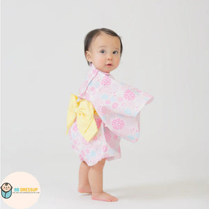 [現貨] 日本直送 Aenak 嬰兒粉紅色繡花球日本和服浴衣連腰帶套裝 - BB Dressup