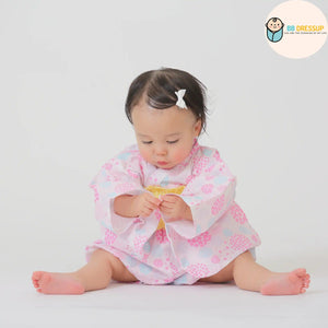 [現貨] 日本直送 Aenak 嬰兒粉紅色繡花球日本和服浴衣連腰帶套裝 - BB Dressup