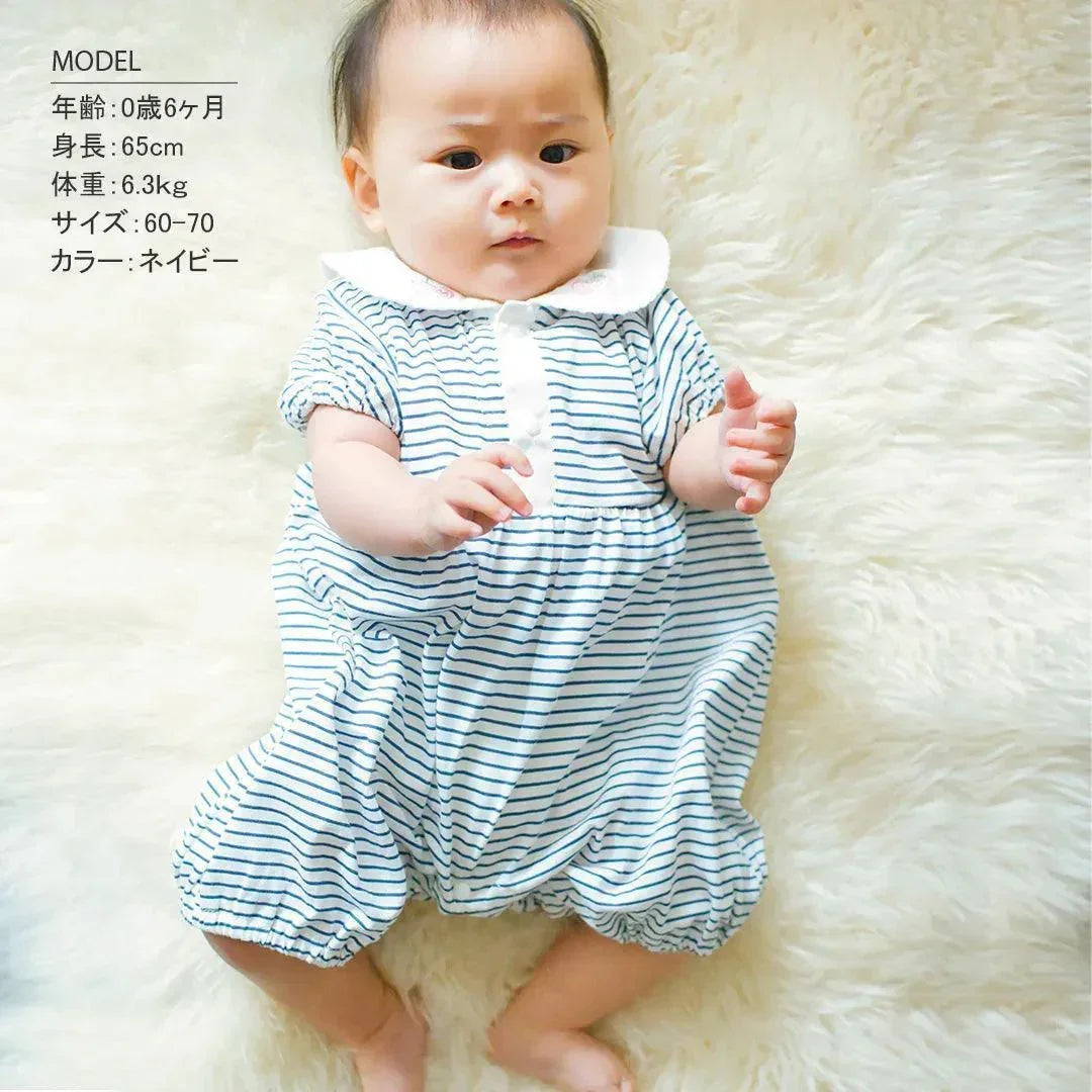 [現貨] 日本直送 Aenak 初生嬰兒藍色橫間草莓刺繡嬰兒連身衣/居家服 - BB Dressup