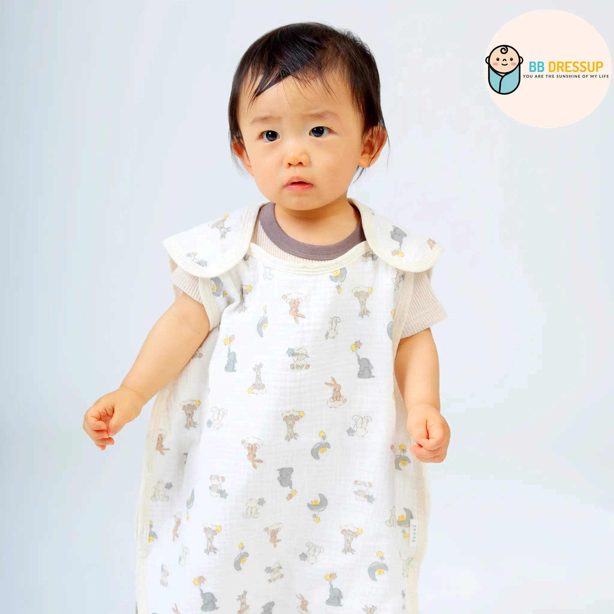 [現貨] 日本直送 Aenak 四層棉紗白色動物初生嬰兒背心防踢睡袋 - BB Dressup