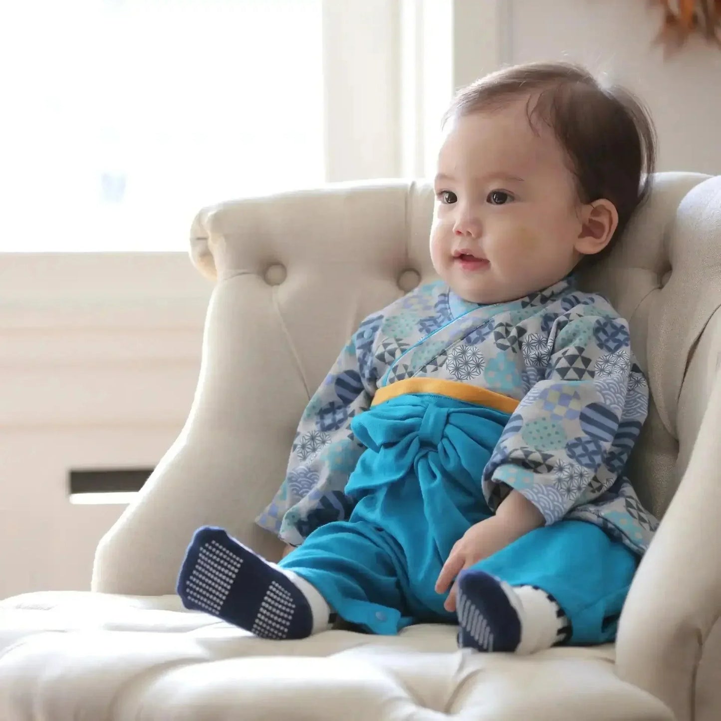 [現貨] 日本直送 Aenak 男童裝 寶石綠色圓形印花 日本和服連身衣 (60-90cm) - BB Dressup