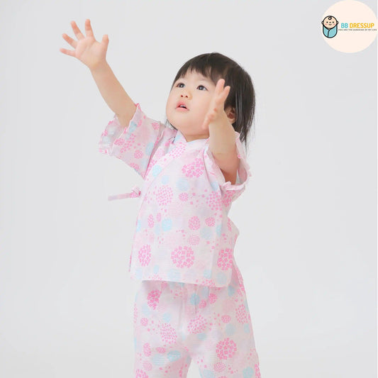 [現貨] 日本直送 Aenak 嬰兒粉紅色繡花球日本和服浴衣套裝 - BB Dressup