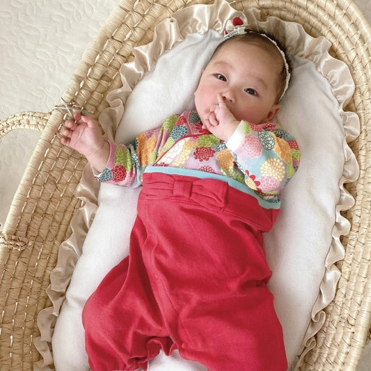  Aenak 紅色菊花圖案 日本和服嬰兒連身衣