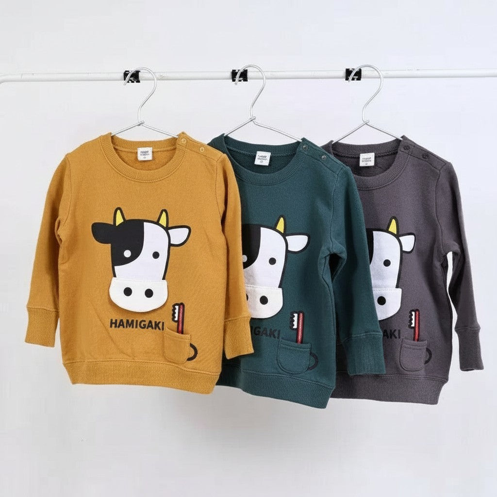 [現貨] 日本直送 Cheekroom 童裝 炭灰刷牙牛牛 長袖衛衣 (100-120cm) - BB Dressup