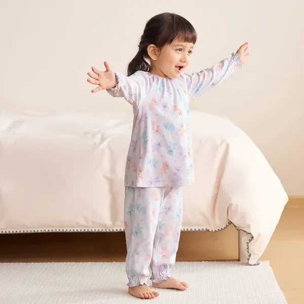 [現貨] 日本直送Combi Mini嬰兒粉紫色熊仔全棉長袖睡衣/居家服套裝 (80-110cm) - BB Dressup