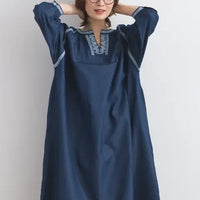 En avant 深藍蕾絲拼接抓褶連身裙，高品質優雅女裝。