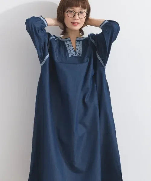 En avant 深藍蕾絲拼接抓褶連身裙，高品質優雅女裝。