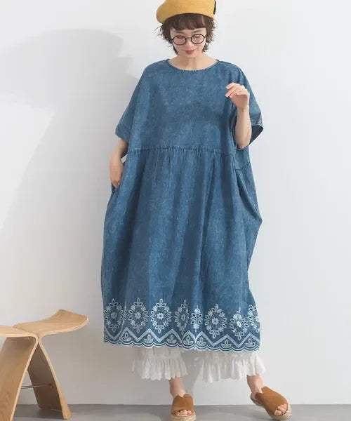 [現貨] 日本直送 En avant 成人深藍布鏤空刺繡波浪裙擺連身裙 - BB Dressup