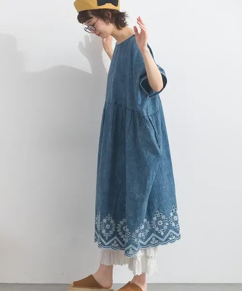 [現貨] 日本直送 En avant 成人深藍布鏤空刺繡波浪裙擺連身裙 - BB Dressup
