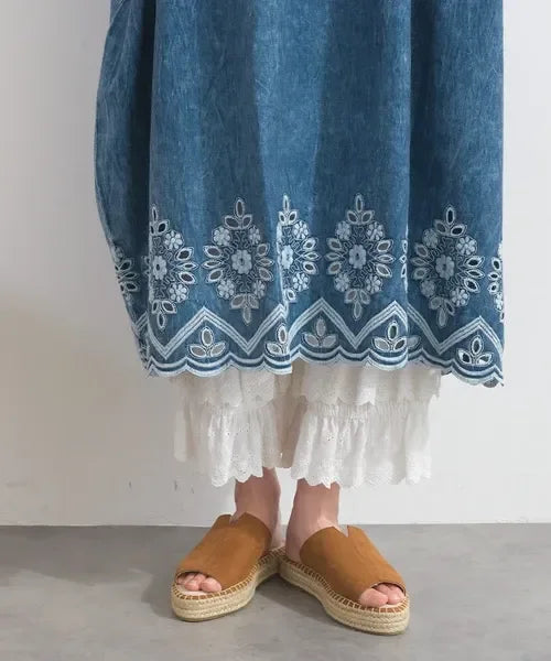 [現貨] 日本直送 En avant 成人深藍布鏤空刺繡波浪裙擺連身裙 - BB Dressup