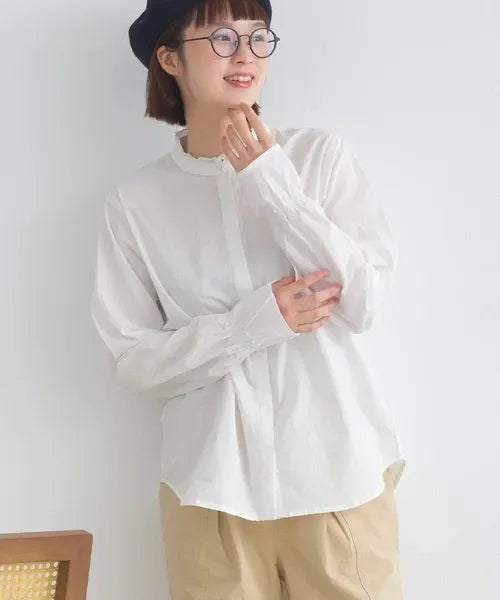 [現貨] 日本直送 En avant 成人白色荷葉邊領褶皺棉布襯衫 - BB Dressup