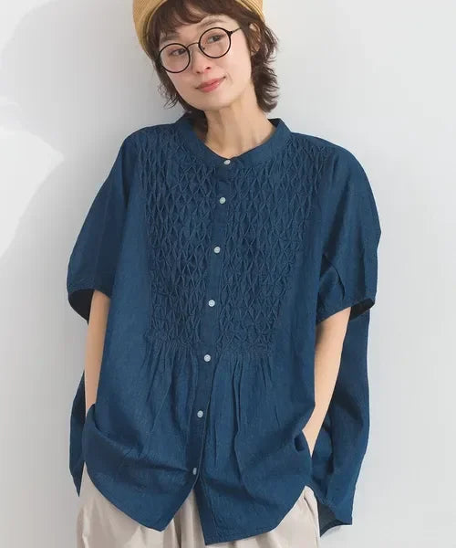 [現貨] 日本直送 En avant 成人深藍色印度棉5.5oz牛仔布褶飾刺繡繭型上衣 - BB Dressup
