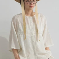 [現貨] 日本直送 En avant 成人米色透膚提花方格蕾絲寬袖上衣 - BB Dressup