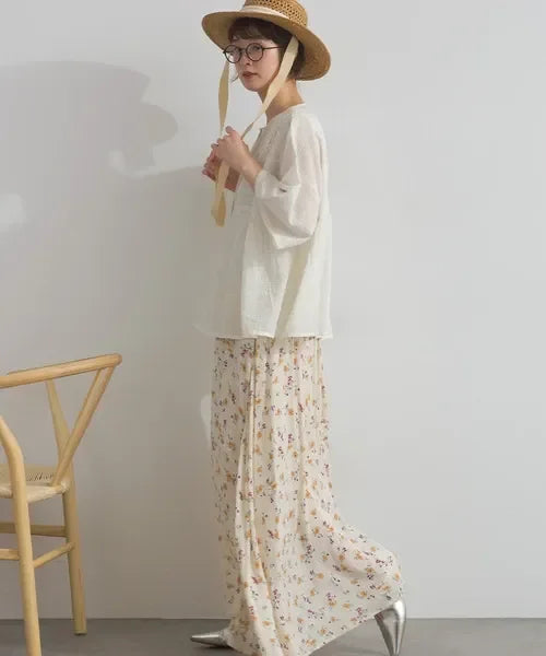 [現貨] 日本直送 En avant 成人米色透膚提花方格蕾絲寬袖上衣 - BB Dressup