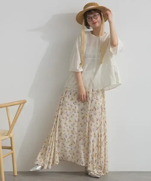[現貨] 日本直送 En avant 成人米色透膚提花方格蕾絲寬袖上衣 - BB Dressup