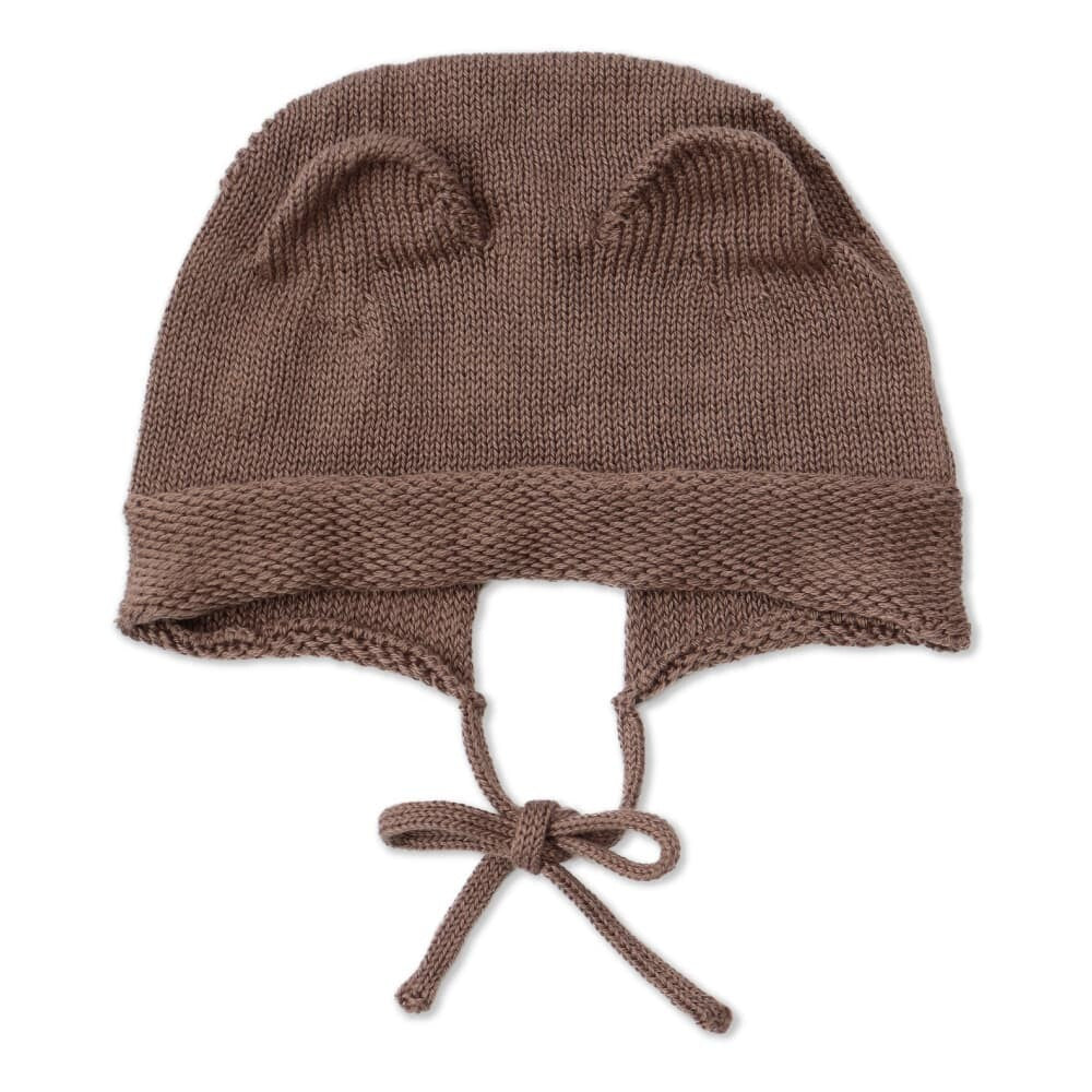 [現貨] 日本製 itofumi 初生嬰兒啡色100%純棉針織帽熊耳朵帽 (0至3個月) - BB Dressup