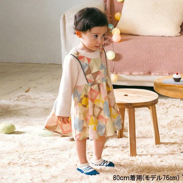 [現貨] 日本直送丸高衣料 女童裝拼布圖案長袖連身裙 (80-90cm) - BB Dressup