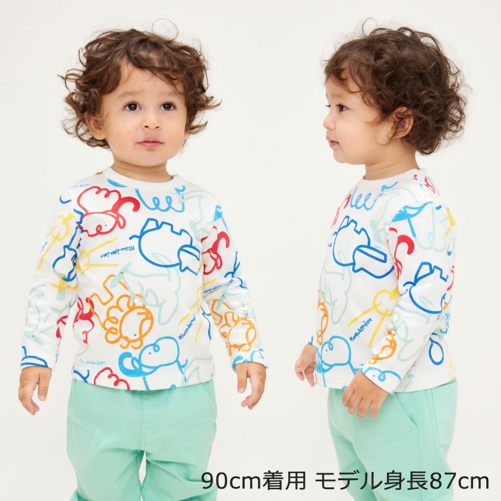 [現貨] 日本製丸高衣料 童裝白色動物圖案長袖T恤 (120cm) - BB Dressup