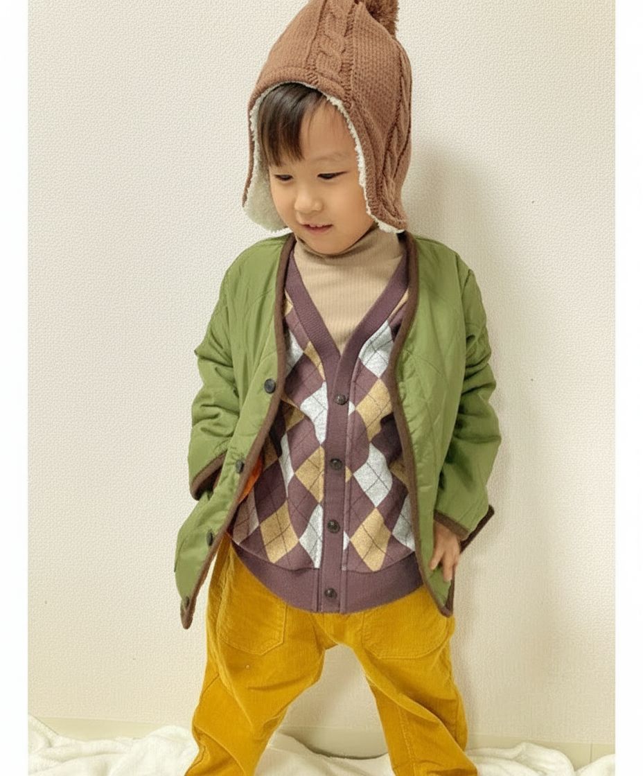 [現貨] 日本直送丸高衣料 童裝卡其綠無領夾棉外套 (100-130cm) - BB Dressup