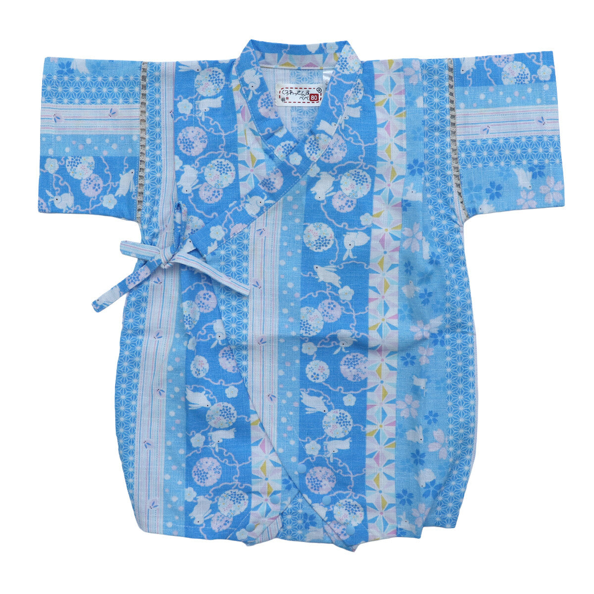[現貨] 日本直送 東商店嬰兒粉藍色兔仔條紋日本和服浴衣包屁衣/連身衣 (70-80cm) - BB Dressup