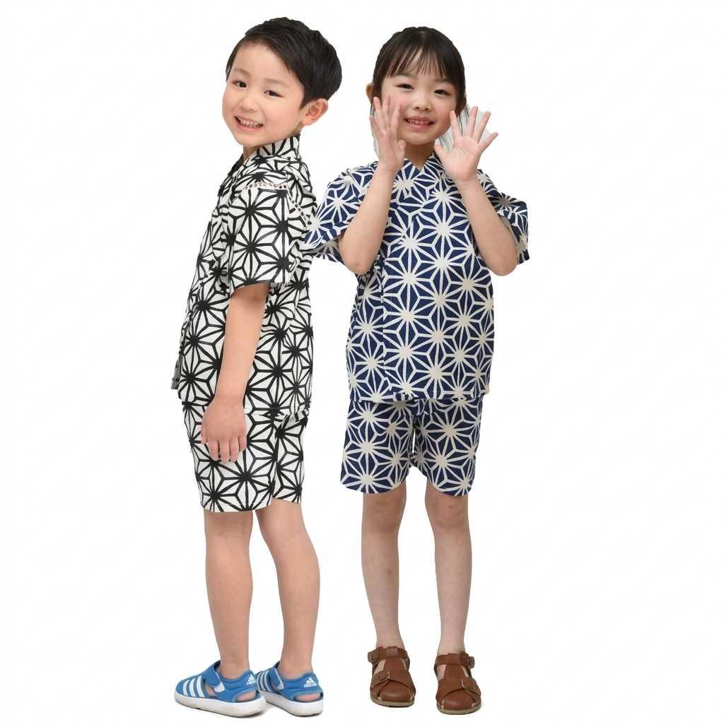 [現貨] 日本直送 東商店嬰兒藍色幾何日本和服浴衣BB衫套裝 (80-95cm) - BB Dressup