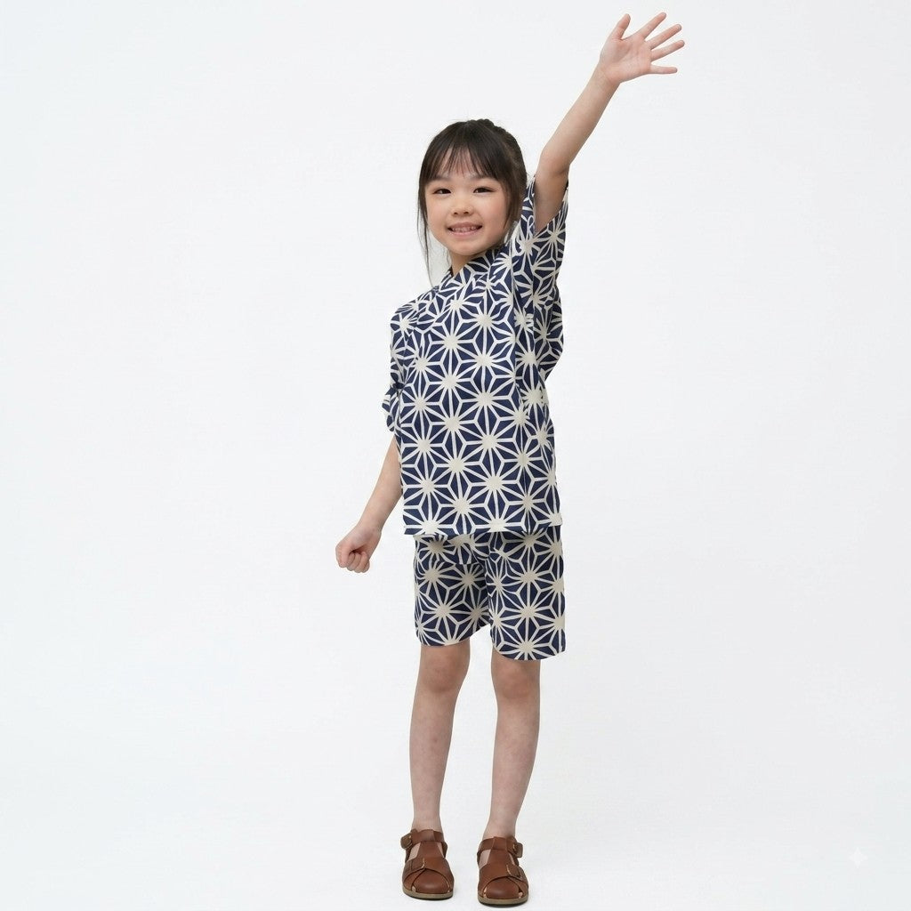 [現貨] 日本直送 東商店嬰兒藍色幾何日本和服浴衣BB衫套裝 (80-95cm)