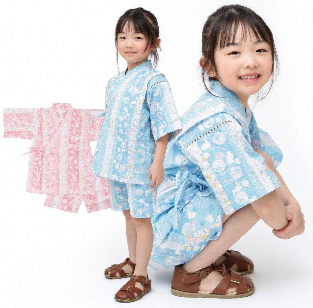 [現貨] 日本直送 東商店嬰兒粉藍色兔仔條紋日本和服浴衣BB衫套裝 (80-95cm) - BB Dressup