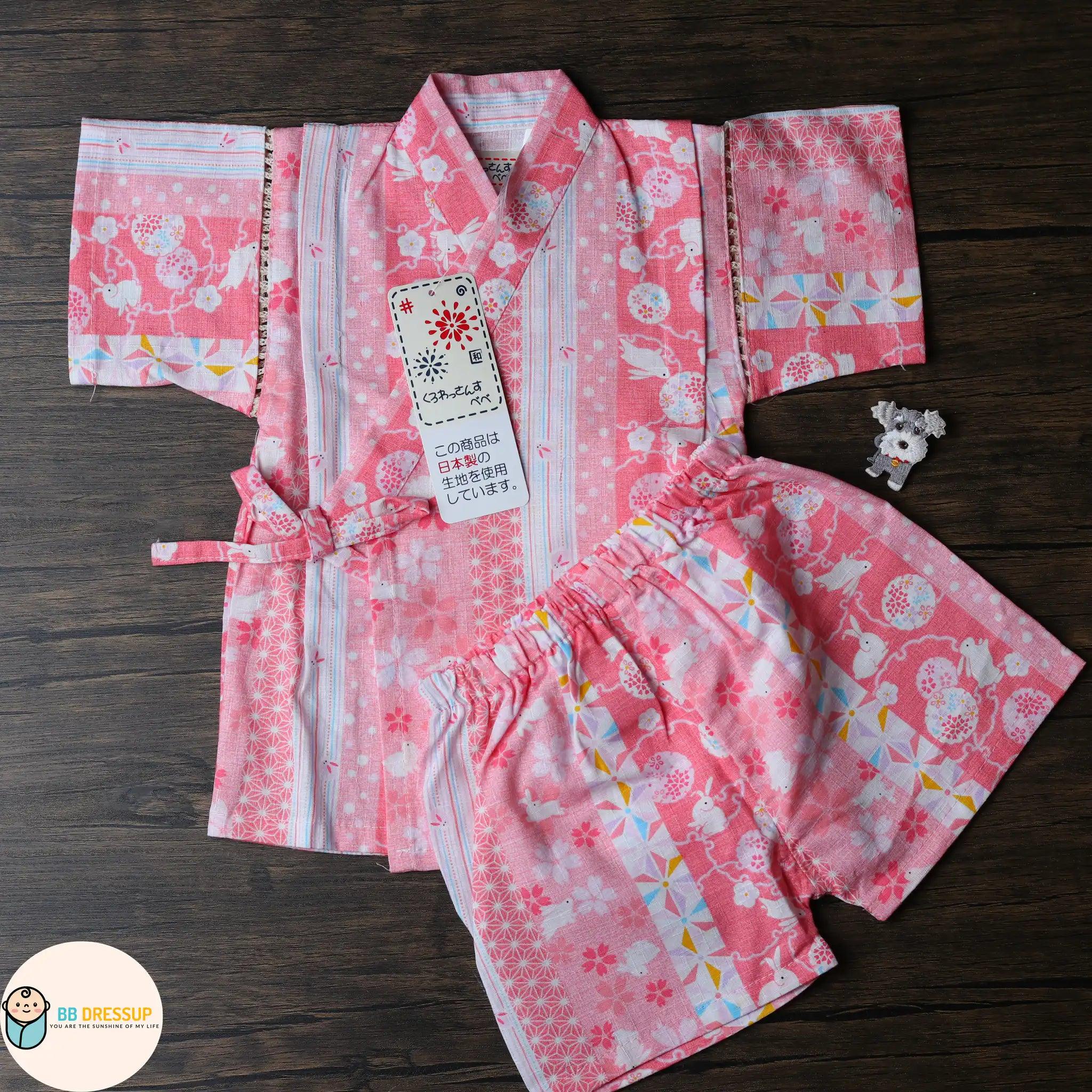 [現貨] 日本直送 東商店嬰兒粉紅色兔仔條紋日本和服浴衣BB衫套裝 - BB Dressup