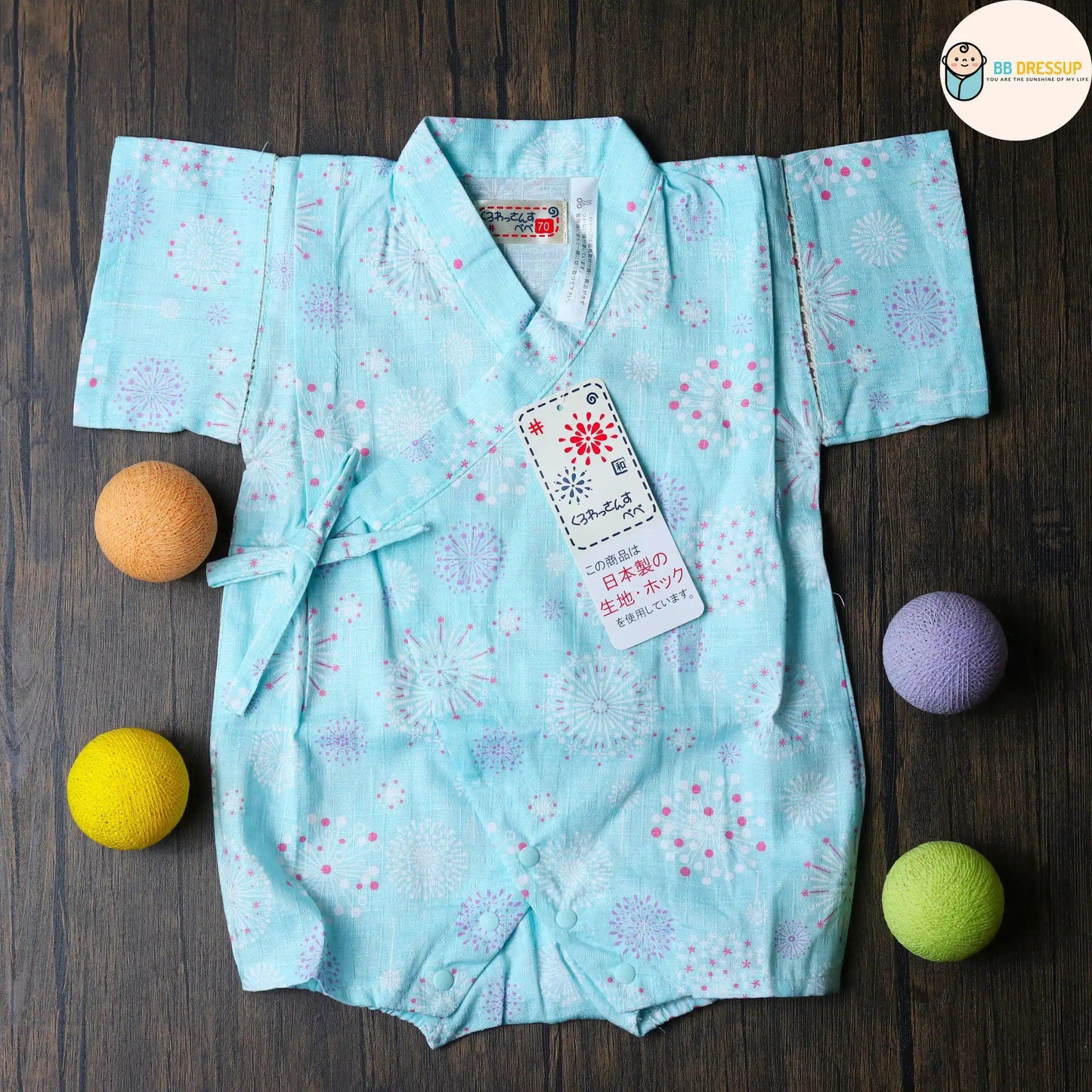 [現貨] 日本直送 東商店嬰兒粉藍煙花日本和服浴衣包屁衣/連身衣 (70-80cm) - BB Dressup