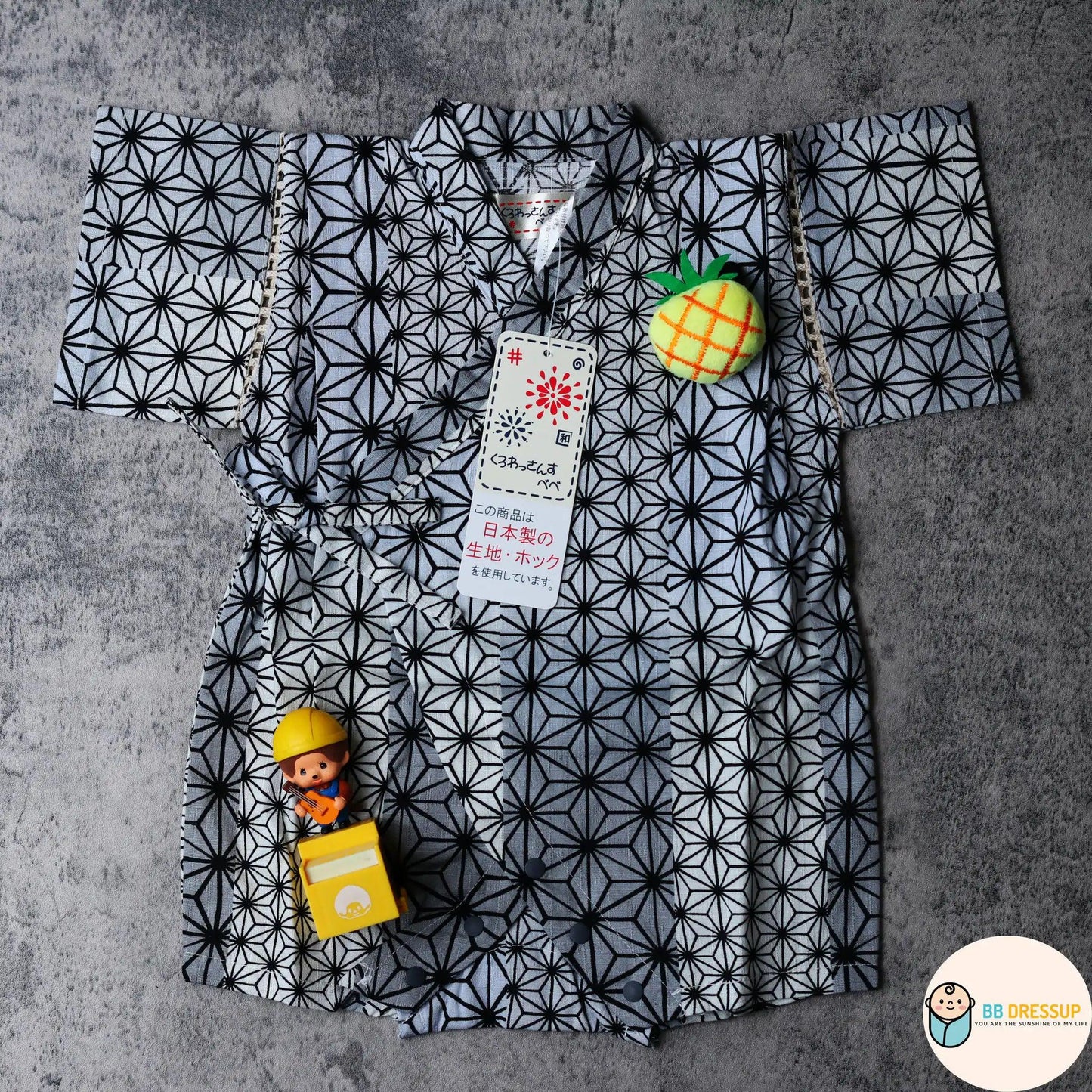 [現貨] 日本直送 東商店嬰兒灰色幾何日本和服浴衣包屁衣/連身衣 (70-80cm) - BB Dressup