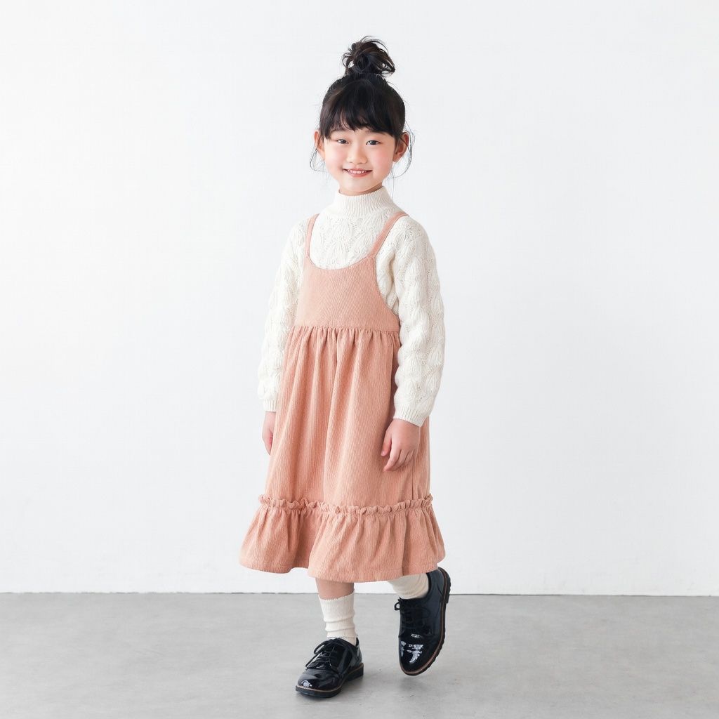 [現貨] 日本直送L.Copeck 女童米色全棉吊帶斜紋長裙 (100-130cm) - BB Dressup