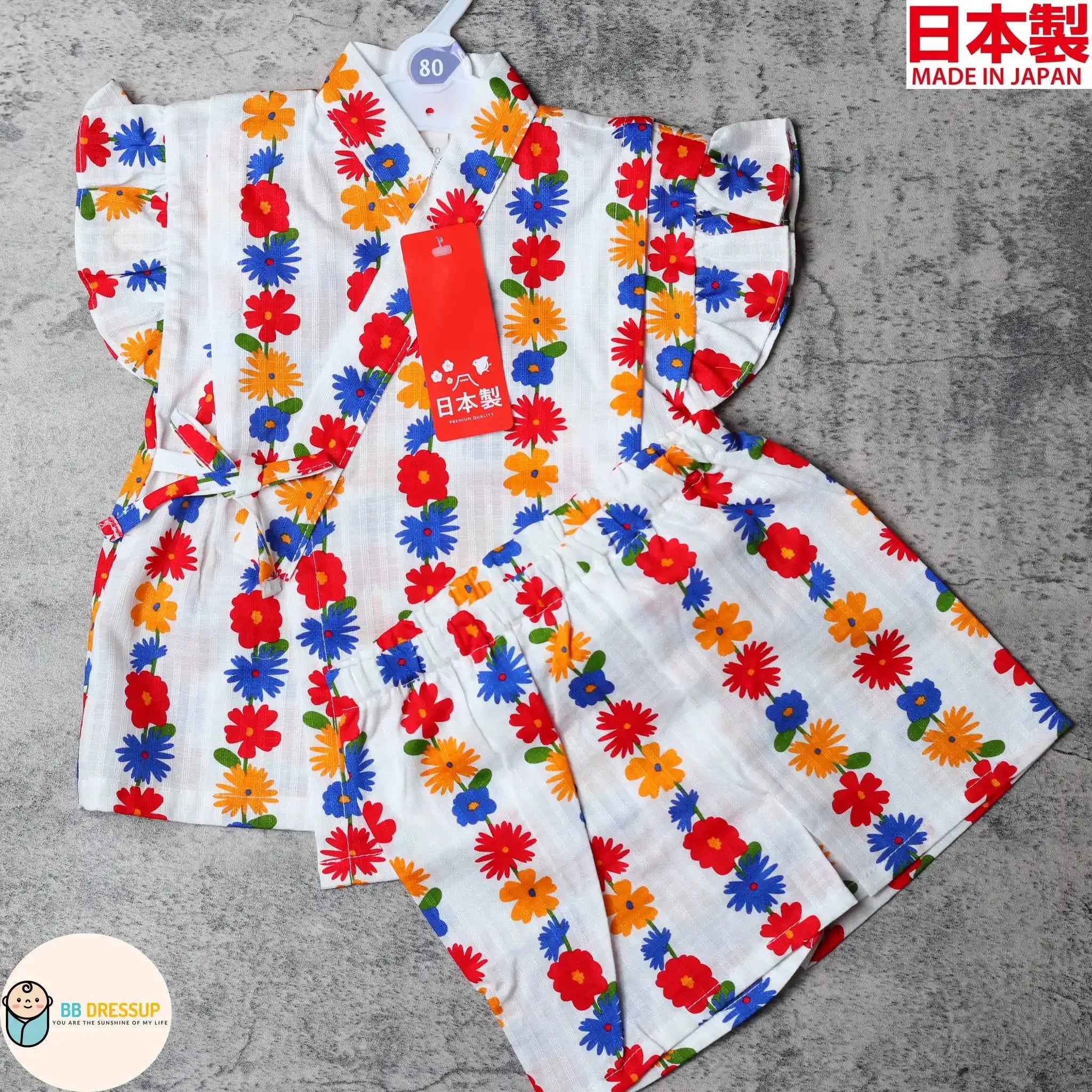 [現貨] 日本製 Mam 嬰兒白色小花荷葉袖日本和服甚平BB衫套裝 - BB Dressup