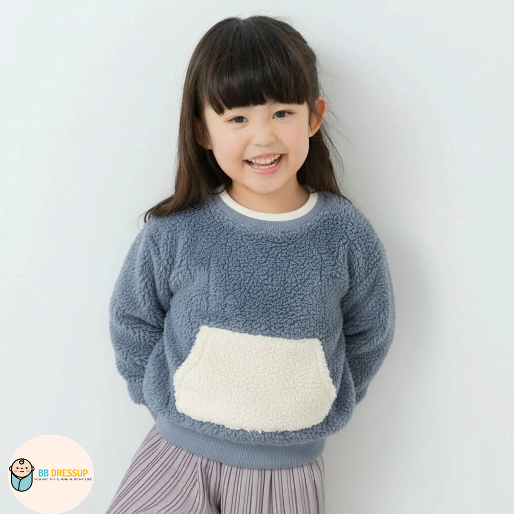 [現貨] 日本直送 Mam 幼童藍色絨毛保暖圓領長袖衛衣 (80-100cm) - BB Dressup