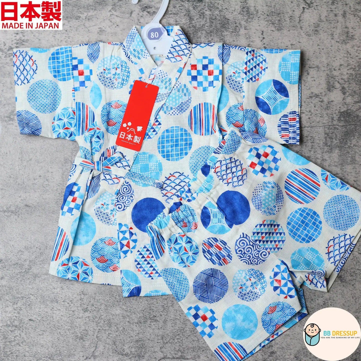 [現貨] 日本製 Mam 嬰兒白色圓形傳統圖案日本和服甚平BB衫套裝 (80-90cm) - BB Dressup