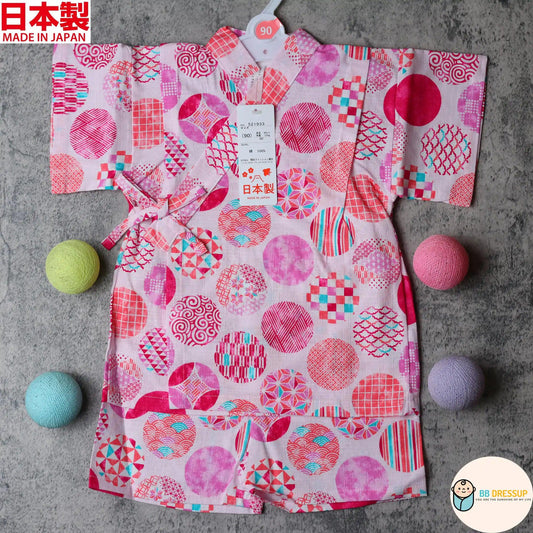 [現貨] 日本製 Mam 嬰兒粉紅色圓形傳統圖案日本和服甚平BB衫套裝 (90-95cm) - BB Dressup