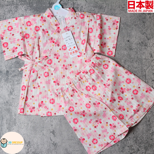 [現貨] 日本製 Mam 嬰兒粉紅色櫻花兔仔日本和服甚平BB衫套裝 (95cm)