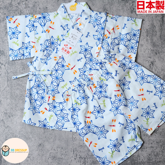 [現貨] 日本製 Mam 嬰兒白色麻之葉蜻蜓圖案甚平/BB衫套裝 (80-110cm)