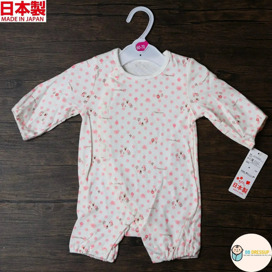 [現貨] 日本製 Mam 100%全棉粉紅圓點嬰兒連身睡衣/居家服 (50-70cm) - BB Dressup