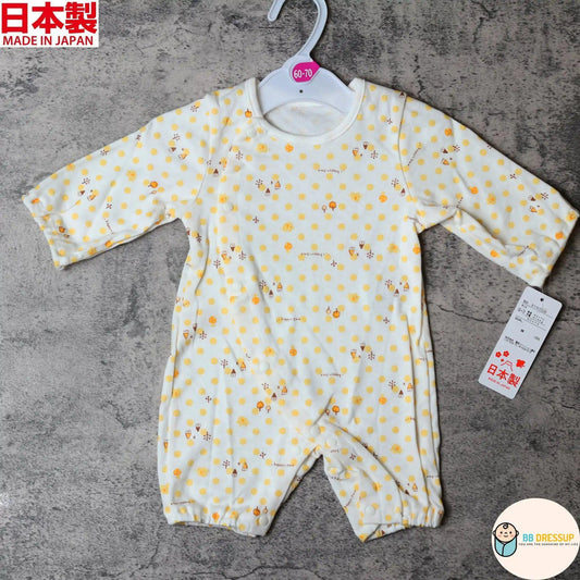 [現貨] 日本製 Mam 100%全棉黃色圓點嬰兒連身睡衣/居家服 (50-70cm) - BB Dressup