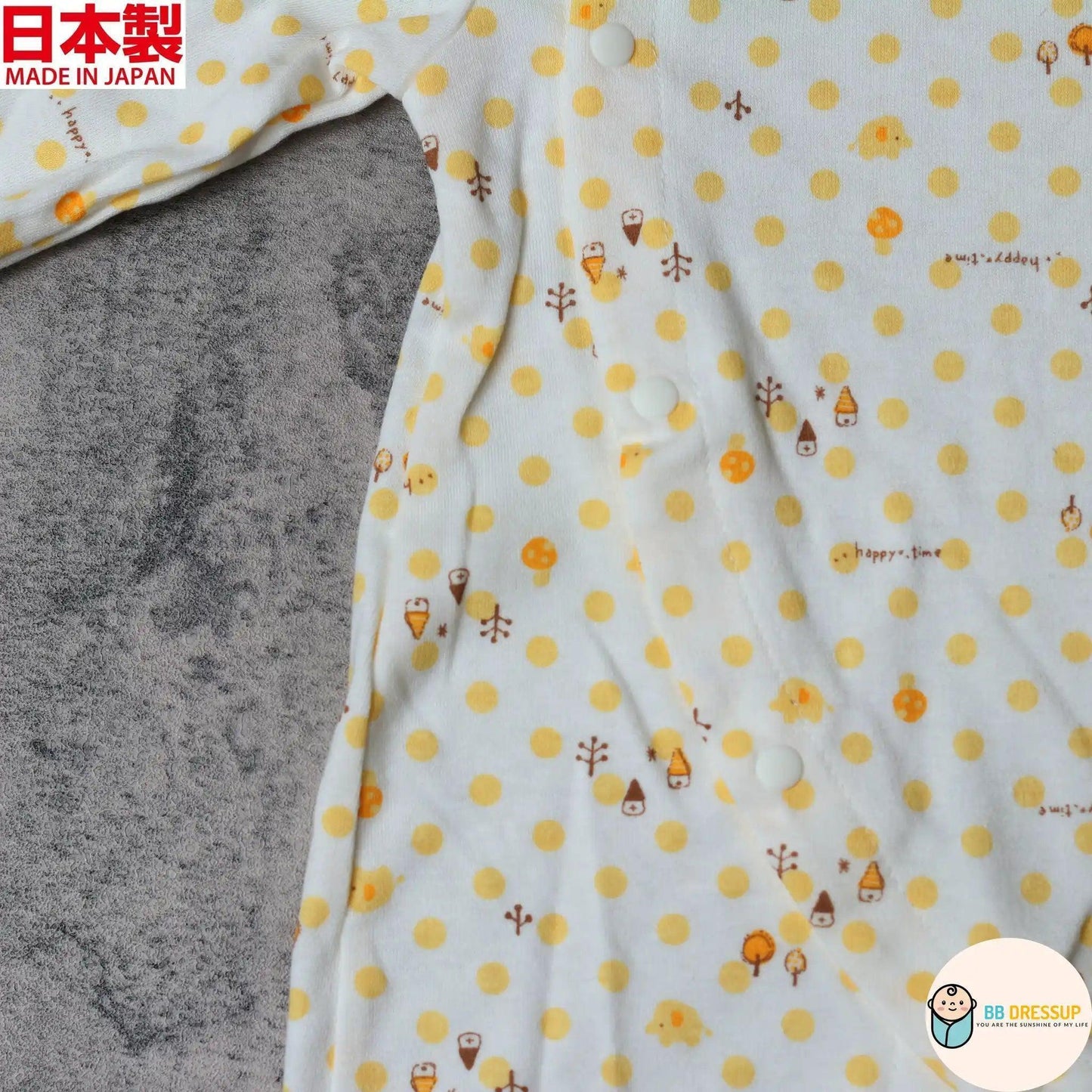 [現貨] 日本製 Mam 100%全棉黃色圓點嬰兒連身睡衣/居家服 (50-70cm) - BB Dressup