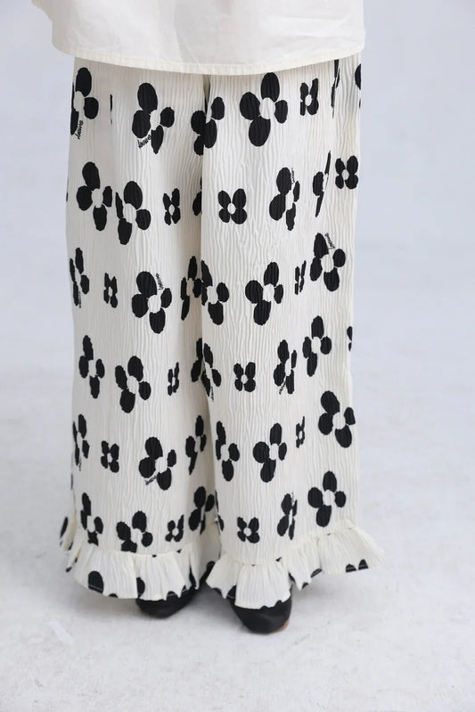 [現貨] 日本直送 Migaro 女童全棉白色印花荷葉邊寬長褲 (110cm) - BB Dressup